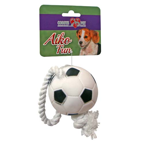 COBBYS PET AIKO FUN Futbalová lopta na lane 26cm, priemer 7cm gumená hračka pre psov